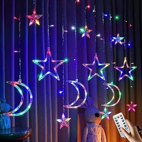 Sterne Vorhang Lichter,3.5M LichtLichterkette Sternenvorhang,8 Modi Für Innen,LED Mond Sterne Weihnachten Lichterkette,LED Sterne Mond Vorhang Licht,LED Lichterketten Stern Mond,Sterne Lichtervorhang