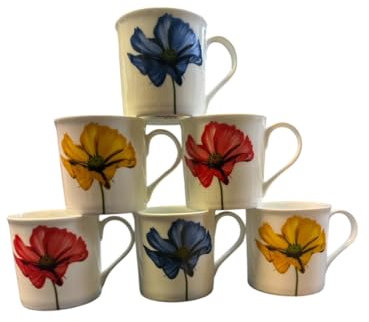 Tamersgifts Floral Coffee Mugs, Set of 6, Fine Bone China, 350ml, Yellow Red Blue
