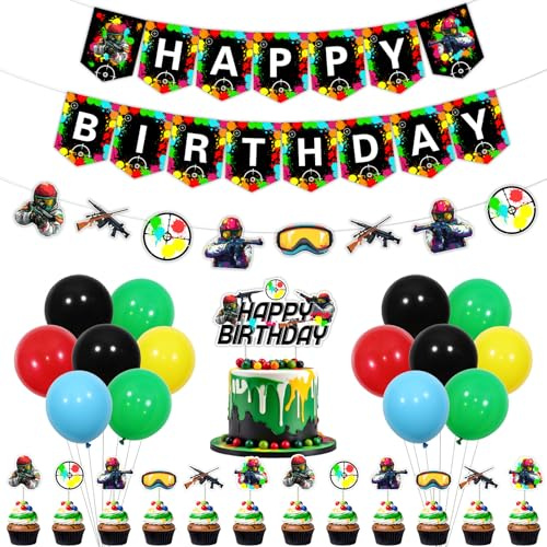 Funmemoir Paintball Birthday Party Decorations - Happy Birthday Banner, Garland, Cake Topper, Cupcake Toppers, Balloons for Gun Shooting Game Paint Splatter Birthday Party Decorations