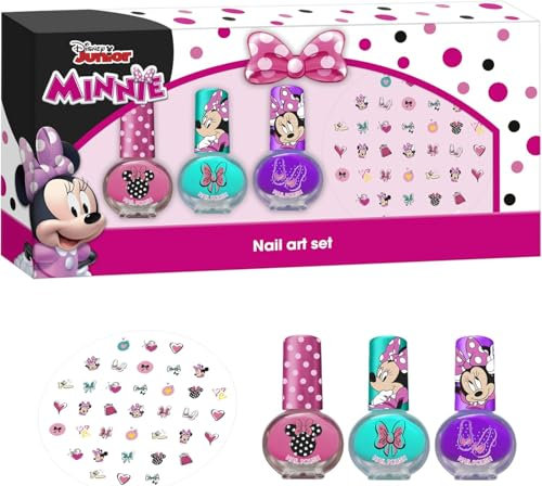 Disney Minnie Mouse Complete Nail Art Set for Girls – 3 Water-Based Polishes (Pink, Purple, Sky Blue) & Nail Stickers – Non-Toxic, Washable & Fun Nail Kit for Kids Ages 3+ – Best Gift for Girls