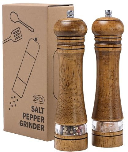 Mikinya Lot de 2 moulins à poivre et sel en bois avec fenêtre en acrylique - Mécanisme de broyage réglable en céramique - Rechargeable pour diverses épices - 22 cm