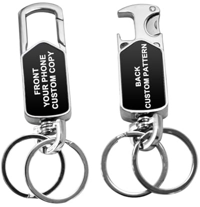 Custom Double Sided Keychain,Personalized Bottle Opener, Package Knife & Fidget Spinner with Engraved Name/Phone/Photo (Black)