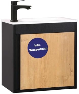 Kometmöbel Waschbecken mit Unterschrank 50cm hängend Gäste-WC Waschtisch 50 cm (Schwarz/Eiche 50cm, Mit Wasserhahn Schwarz)