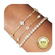 Finrezio 3 Stück Armband Damen Silber 925 Tennis Armband Silver Armband Set | 14 Karat Vergoldet Gold Armbänder Damen Mit Zirkonia Verstellbare Armband Schmuck Geschenk für Damen Silber/Gold/Rosegold
