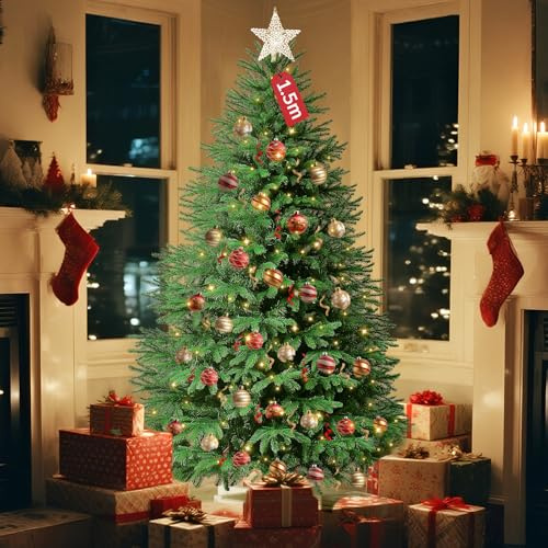 Soontrans Weihnachtsbaum mit Beleuchtung Miwa 2 in 1 Nordmanntanne Künstlicher Weihnachtsbaum mit Lichterkette inklv PVC+PE 500 Zweigen & 200 Warmweiße LEDs mit 8 Leuchtmodi (H 150 cm)