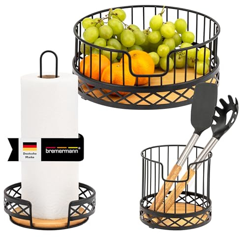 bremermann Küchenutensilien 3er Set, Küchenhelfer bestehend aus 1x Küchenrollenhalter, 1x Utensilienhalter und 1x Obstkorb/ Obstschale, moderne Materialkombination aus Bambus und Metall