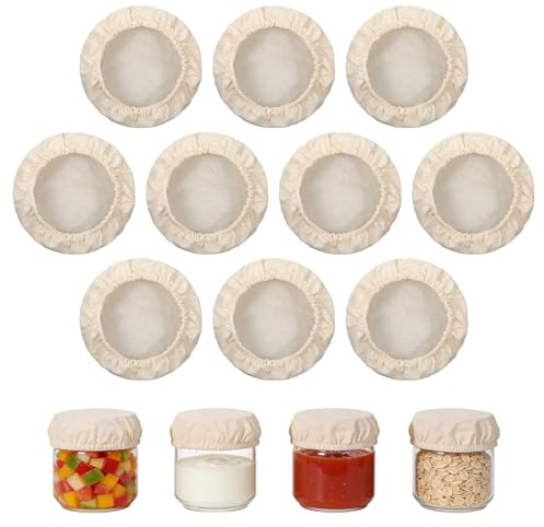 10 Pcs Sourdough Jar Cover, Cotton Sourdough Starter Cover Reusable Cloth Covers for Sourdoughs Starter Jars Breathable Fabric Covers for 3-4 Inch Mason Jars Mouth Sourdoughs Bread Baking Supplies