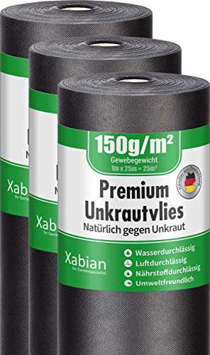 Xabian Anti Unkrautvlies 150g/m² Gartenvlies 3 Rollen 25m x 1m = 75m² I Unkrautfolie sehr hohe UV-Stabilisierung - extrem reißfest und wasserdurchlässig