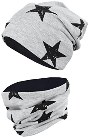 TupTam Unisex Kinder Beanie Mütze Schlauchschal Set, Farbe: Sterne Schwarz/Grau Meliert, Größe: 54-56