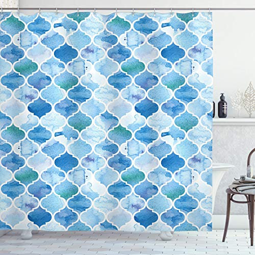ABAKUHAUS marokkanisch Duschvorhang, Mosaik-Muster, Stoffliches Gewebe Badezimmerdekorationsset mit Haken, 175 x 200 cm, Hellblau