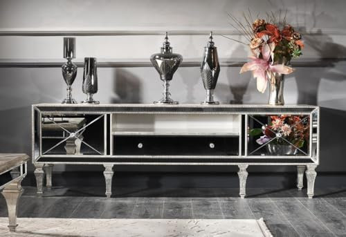 Casa Padrino Luxus Barock Fernsehschrank mit Spiegelglas Silber/Gold 200 x 55 x H. 72 cm - Verspiegelter TV Schrank - Luxus Qualität