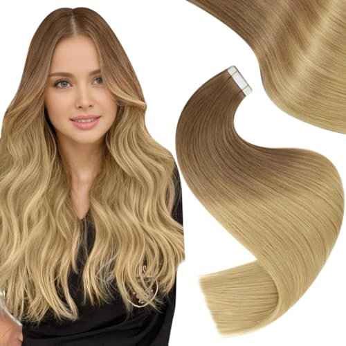 Easyouth Tape in Extensions Echthaar Blond Balayage Echthaar Tape in Extensions Goldbraun Ombre Dunkelgolden Blond Echthaar Extensions Tape für Vollere Haare 50 cm #10/14 50g 20pcs