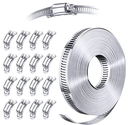 Steelsoft 304 Stainless Steel Hose Clamp Assortment Kit DIY, Cut-To-Fit 35 FT Metal Strap+16 Stronger Fasteners, Large Adjustable Worm Gear Hose Clamps Screw Clamps Duct Pipe Metal Clamp Strapping