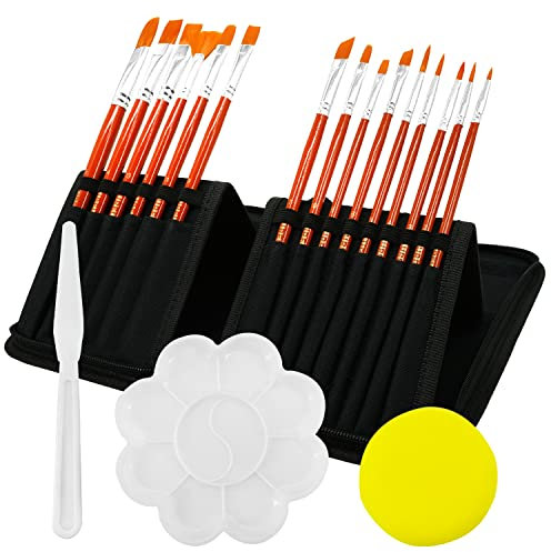 AUREUO Artist Acrylic Paint Brush Set 19 PCS - 15 Different Sizes Taklon Painting Brushes, 1 Paint Knife, 1 Sponge & 1 Palette with a Pop-up Carrying Case - Perfect for Acrylics, Canvas, Paper&Wood