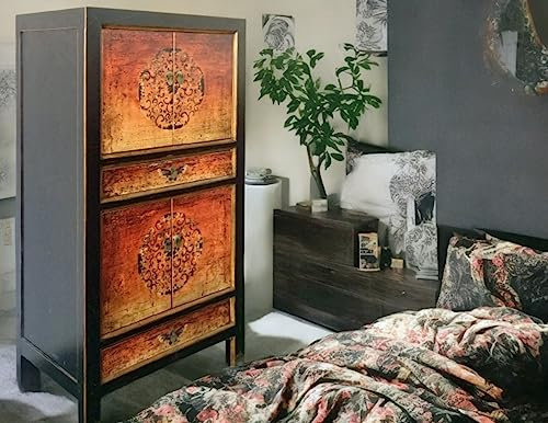 OPIUM OUTLET asiatischer Schrank Hoch-Kommode orientalisch Hochzeitsschrank chinesisch orange-schwarz Vintage Shabby-chic