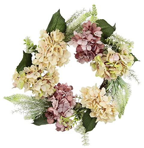 Rattankranz mit künstlichen Hortensien Hortensienblüten Blüten Blumen Kunstblumenkranz Deko Wandkranz Türkranz zum Aufhängen Legen Blütenkranz Landhaus Kranz Haustür-Dekoration Hochzeit Dekoration