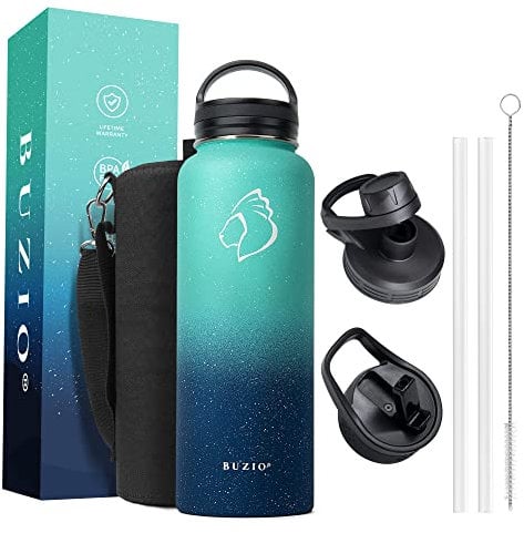 BUZIO 1180ml Wide Mouth Straw Lid Stainless Steel Reusable Water Bottle, Vacuum Insulated Water Flask with Carrying Pouch Double Vacuum Hot Cold Water Bottles, Starry Pacific