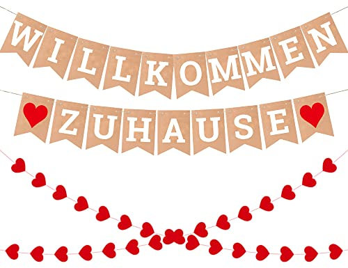 ecooe Willkommen Zuhause Banner, herzlich willkommen Girlande für Dekoration Familie Partei Welcome Home Banner mit 19Stk Wimpeln, 50Stk kleiner Herzen und 2Stk 3m Juteseil