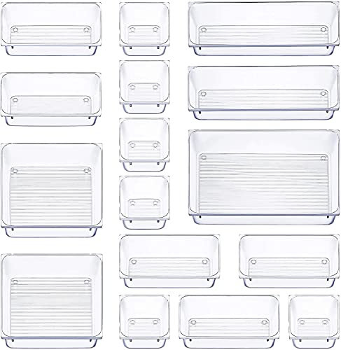 ZEYXINH 16 Stück Schubladen Ordnungssystem mit 5 Größen, Schubladen Organizer, Schminktisch Organizer, Klar Kunststoff Organizer Schublade, Einsetzbar für Makeup Organizer, Küchen, Bad, Büro