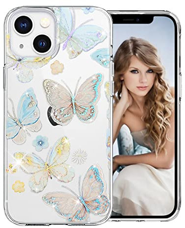 DiyGody Sparkle Butterfly Case Compatible with iPhone 14 Plus Pretty Bling Glitter for Women Girls Slim Soft Border Hard Panel Full-Around Protective Phone Case Cover for iPhone 14 Plus(off-white)