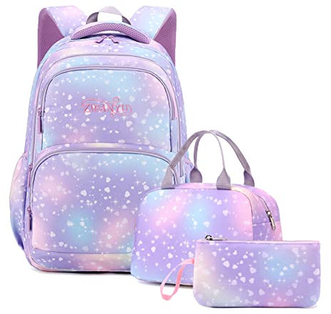 Tanou Mochilas Escolares Niña 3 Piezas, Mochila Niña Colegio para Escolar Primaria Secundaria, 22 Litros Mochila Escolar con Bolsa Térmica Estuche, Morado