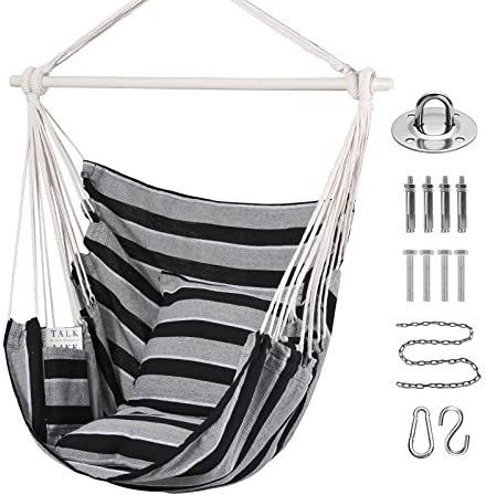 Goutime Silla Columpio Silla de Hamaca Grande de algodón Suave con Dos Cojines Almohada con Bolso Interior/Exterior/Dormitorio/balcón/Hamaca Asiento Jardin,Soporta hasta 330 LB (Negro grisáceo)