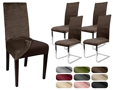 BEAUTEX 4er Set LEA Stuhlhusse, elastische Uni Stretch-Husse aus Samt Mikrofaser Farbe wählbar (Braun)