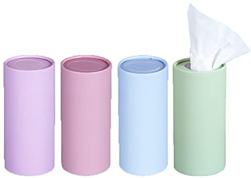 4 Pack Car Tissue Holder with Facial Tissues Bulk, Car Tissues Cylinder, Tissue Holder for Car, Travel Tissues Perfect Fit for Car Cup Holder, Refill Car Tissue Box Round Container.