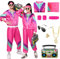 80er Jahre Outfit Damen Herren, Kostüm Trainingsanzug rosa Jacke Hose, Anzug Kostüm 80er 90er Jahre Herren Damen Party Accessoires für HKarneval Faschingskostüm