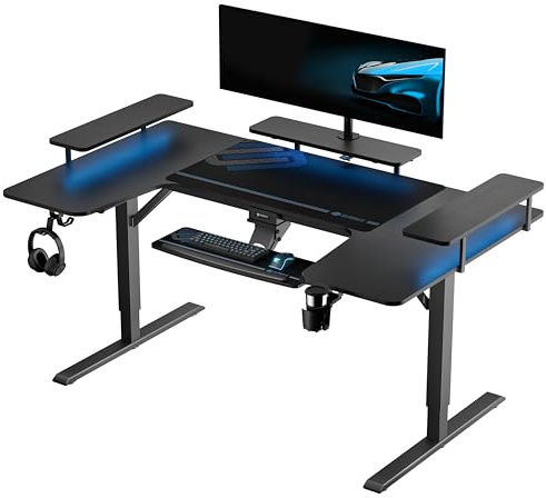 EUREKA ERGONOMIC Electric Standing Desk 182x76 cm U Shaped Gaming Desk Height Adjustable Large Studio Computer Desk with LED Convertible Monitor Shelves, Keyboard Tray