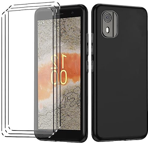 [4 in 1] Case Compatible with Nokia C02 Cover with 3 Pack Tempered Glass Screen Protector for Nokia C02, Slim Fit Soft TPU Shockproof Anti-Scratch Phone Case Cover - Black