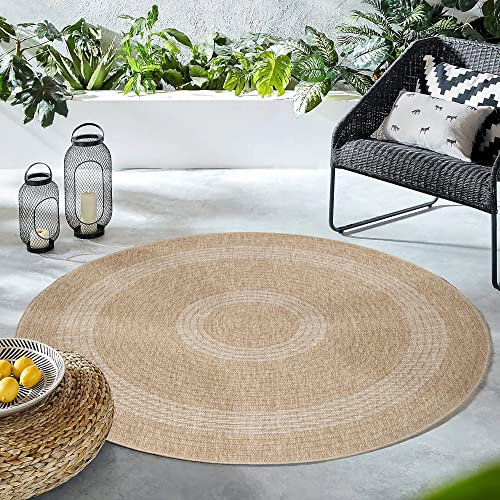HomebyHome In & Outdoor Teppich Wetterfest Rund 80 cm Beige - Sisal und Jute Optik, Wasserfest für Balkon, Küche, Camping, Garten, Terrasse - Waschbare Bordüre Design