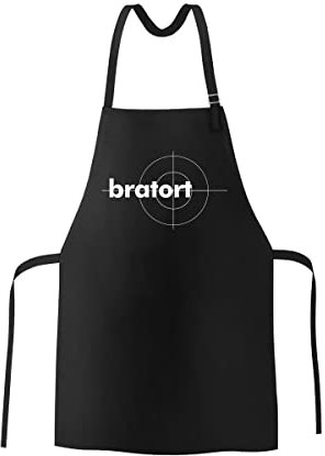 Bratort - Schürze aus 100% reiner Baumwolle - Grillschürze für Männern bedruckt im Siebdruck - Lange Bänder & verstellbares Nackenband - Kochschürze Männer - Gastronomiequalität - Schwarz (Bratort)