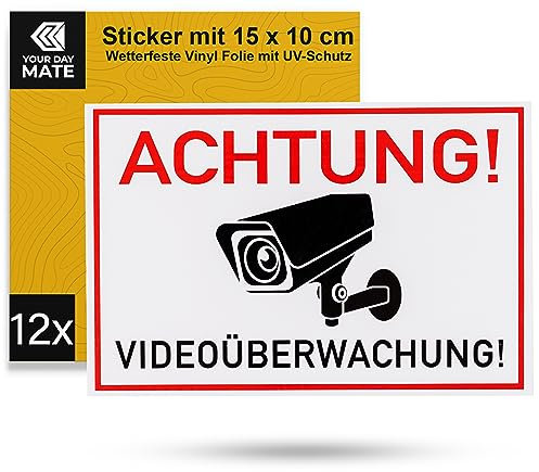 Aufkleber Set Achtung! Videoüberwachung!, 12 Stück, 15 x 10 cm, selbstklebende Folie, Sticker zum Kleben für Innen- und Außenbereich, Video Überwachung Hinweisfolie, Kamera Video Warnhinweis Schild
