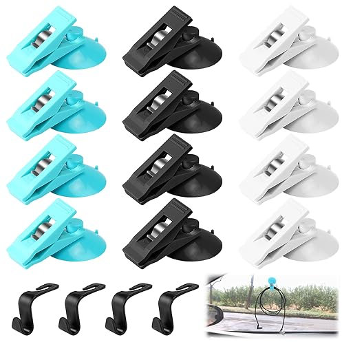 GZqiancang 12 Stück Saugnapf Klammer, Saugnapf Clip, Saugnapf Klammer Parkscheinhalter mit 4 Stück Auto Haken für Glas, Badezimmer und Auto (3 Farben)