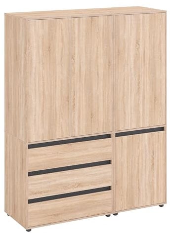 KOMTO Kleiderschrank Groß in Sonoma Eiche - Schrank Schlafzimmer Kinderzimmer Mehrzweckschrank mit 4-türig & 3 Schubladen Garderobenschrank Flur | Drehtürenschrank Cube 150 x 192 x 53 cm