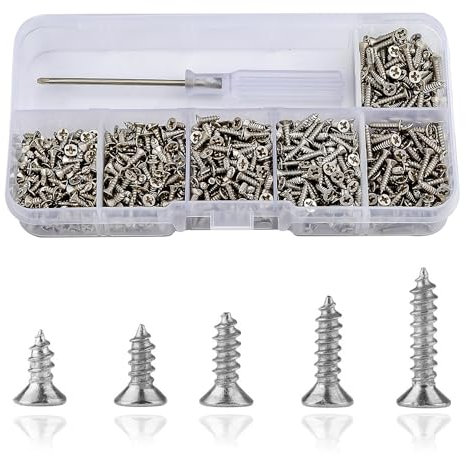 Roosea 1000 Pcs M2 Small Hinge Wood Screws 5/6/7/8/10 mm Tiny Flat Head Cross Small Wood Screws with Screwdriver for DIY Hinge Drawer Accessories(Silver)