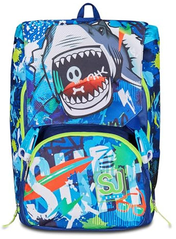 SJ GANG STYLE JAM GANG Zaino Scuola Estensibile, Blu, Sharkstory, Zaino Doppio Scomparto Estensibile Tramite Zip Laterali, Tasca Porta Borraccia, Scuole Elementari e Medie, Bambino Ragazzo