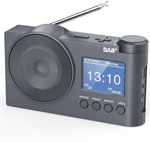 Greadio Portable DAB/DAB+/FM Radio Mains Powered with Bluetooth, Digital Radio with Best Receiver, 60 Presets, Battery Powered, LCD Display, AUX,USB,Headphone Jack, Sleep Timer,Alarm Clock (Grey)