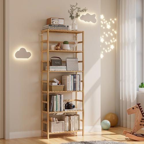 UNHO Scaffale Bambu con Ripiani Mensole: Scaffale per Bagno Legno Scaffalatura Cucina Salvaspazio Alto Dispensa Libreria Ripiano Regolabile Scaffale Profondità 25cm interno esterno 60x161cm