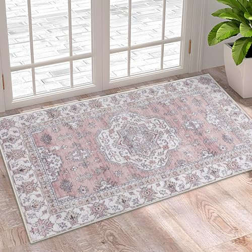 Taleta ALU Washable Door Mats Indoor Small Pink Boho Rug Soft Non-slip Doormats Inside Thin Short Pile Floor Mat for Entryway Entrance Hallway Bedroom (Pink, 50 x 80 cm)