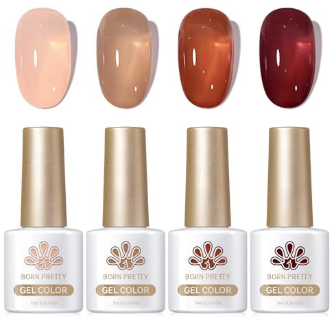 Born Pretty Vernis Gel Semi-Permanent Nude Brun - Vernis à Ongles en Gel Transparent Série Ember Automne Soak-Off UV/LED Vernis à Ongles Semi Permanent Pour Studio de Manucure DIY Home, 7ML 4PCS