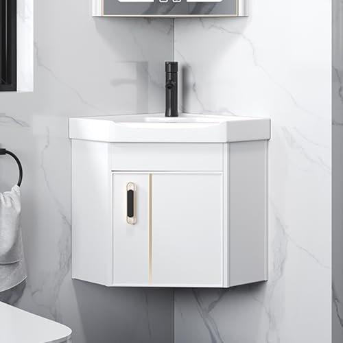 Lave Main WC avec Meuble Angle Lave Main, Petit meuble d'angle de salle de bain et évier mural utilitaire design lavabo à laver les mains, avec robinet chaud et froid, pour Petit Espace(White,42cm/16.