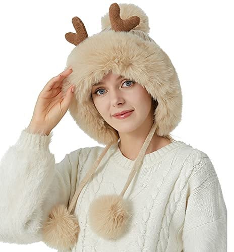 Newsboy Mütze mit Ohren 2022 Weihnachten Hirsch Horn Strickmütze Damen Winter Outdoor Skifahren Kältefest Plüsch Ohr Wollmütze Wintermütze für Herren, beige, M
