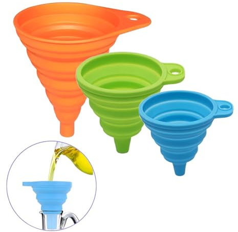 SIRLOMU 3 Stück Silikontrichter Zusammenklappbarer Tragbarer Faltbarer Trichter für Flüssigkeitsübertragung In Der Küche(blau+grün+orange) (Klein/Mittel/Groß)