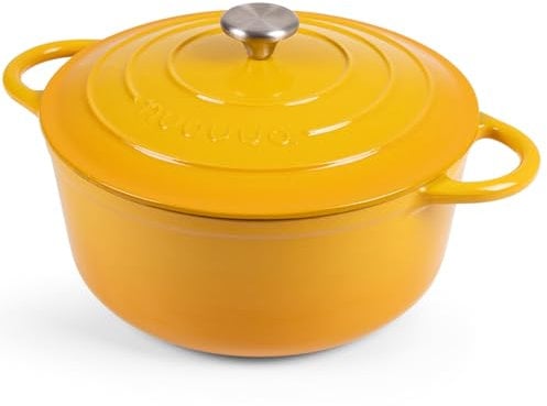 Cast Iron Dutch Oven with Lid – Non-Stick Ovenproof Enamelled Casserole Pot, Oven Safe up to 500° F – Sturdy Dutch Oven Cookware – Yellow, 6.4-Quart, 28cm – by Nuovva