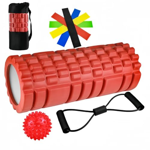 Faszienrolle Set 9 in 1 Wirbelsäule Foam Roller Pilates Rolle Rücken Massagerolle Massage Weich Pilatesrolle Gymnastikrolle Back Standard Rollers mit Faszienball für Füße Fitnessbänder 33x14cm Rot