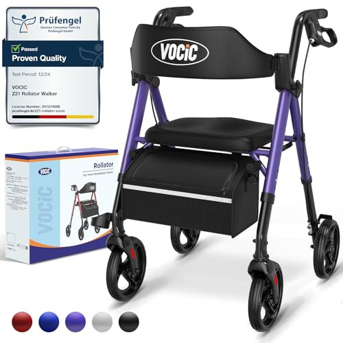 VOCIC Rollator Walker with Seat, Brakes, Bag, Foldable Rollator Walking Aid, Adjustable Height, Lightweight Rollator for Disabled, 20cm/8'' Wheels for All Terrain, 5 Year Support,Purple