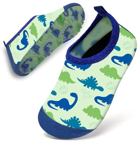 Water Shoes Toddler Kids Baby Infant Boys Beach Shoes Swim Shoes Barefoot Aqua Socks Non-Slip for Swmming Pool Water Park(Light Green Dinosaur,14/15)