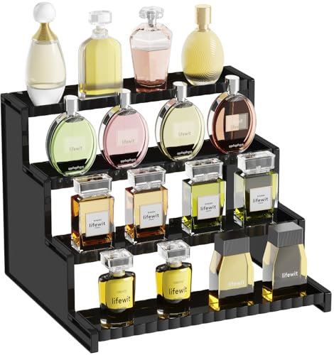 Lifewit 4-stufiger Schwarz Parfümständer mit Gitter, Kunststoff Parfüm Organizer Auslage, Acryl Vitrine für Make-up, Cupcake, Dessert, Gewürz, Arbeitsplatte, Vanity, Dresser, 1 Pack, 30,48 cm